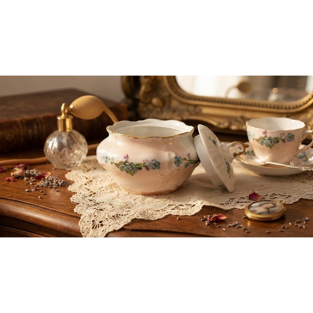 Antique BRC Germany Moliere Porcelain Sugar Bowl Pink Blue Forget Me Not C. 1900